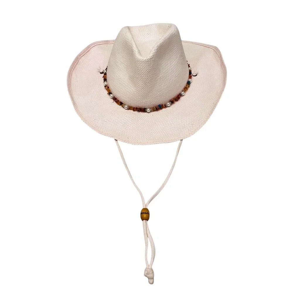 Scala Women's Pink Cowgirl Western Straw Hat Pearls & Stones & Wire Brim Sz S/M